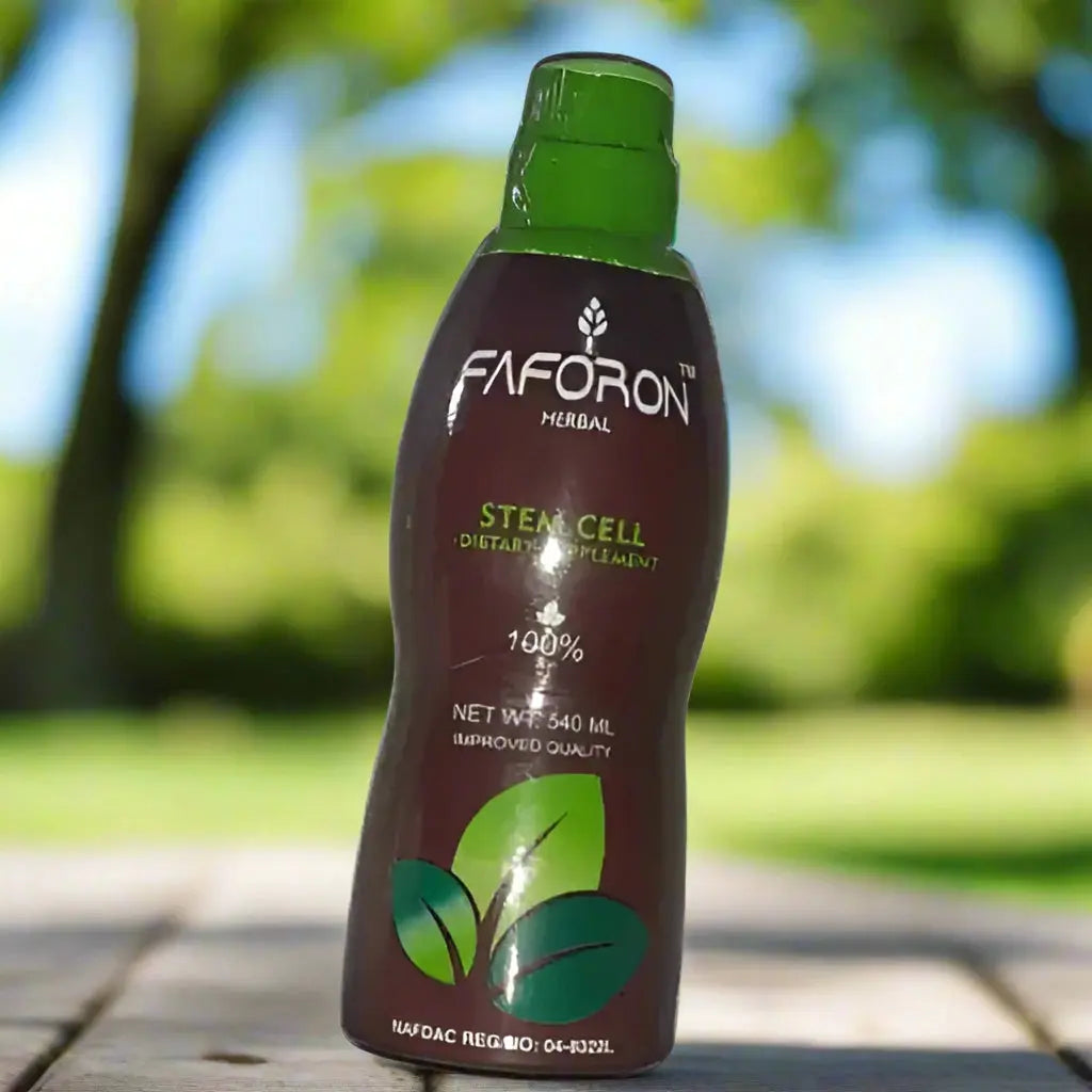 Faforon Herbal Stem Cell supplement bottle with green cap on wooden surface outdoors