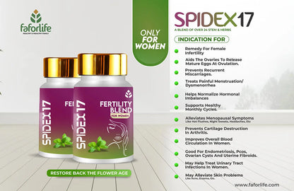 Faforlife Spidex 17 fertility blend herbal supplement bottles for women with benefits for female infertility, hormonal balance, and menstrual health