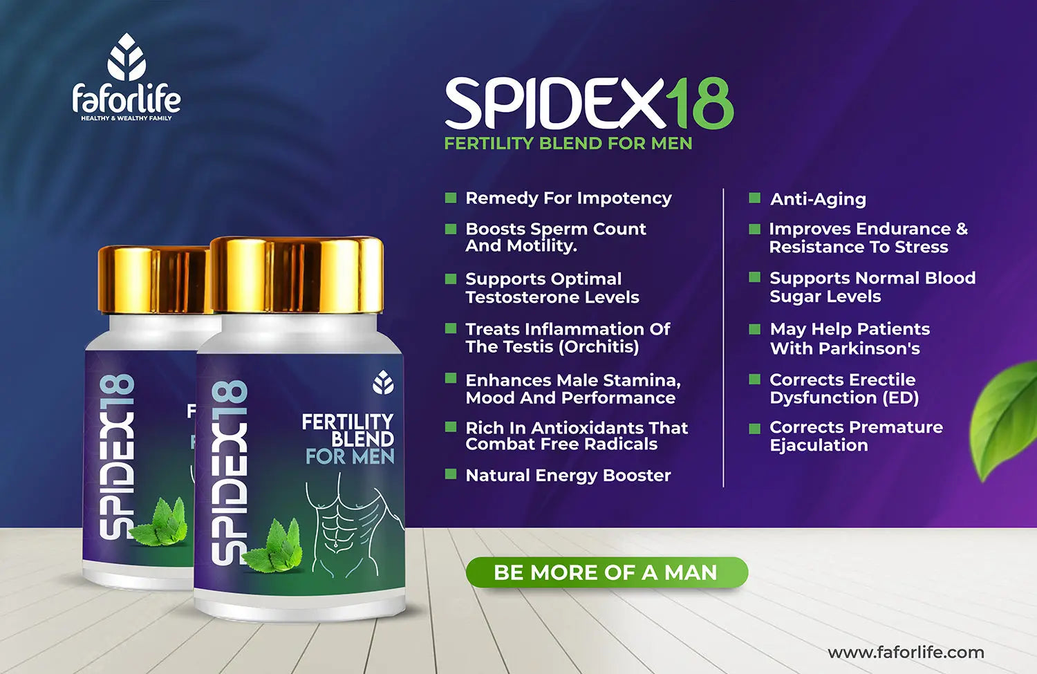Two bottles of Faforlife Spidex18 Fertility Blend for Men with benefits listed including impotence remedy, sperm boost, anti-aging