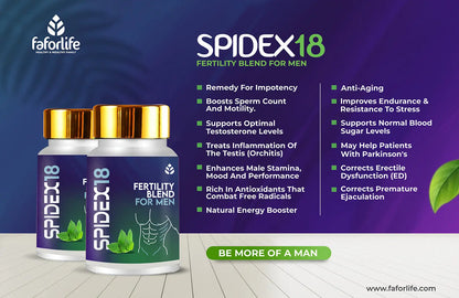 Two bottles of Faforlife Spidex18 Fertility Blend for Men with benefits listed including impotence remedy, sperm boost, anti-aging