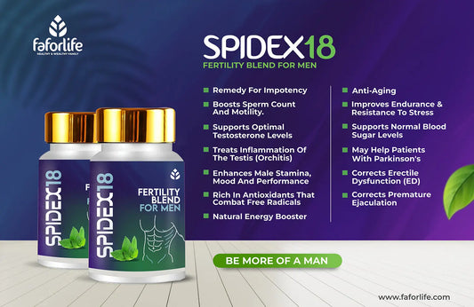 Two bottles of Faforlife Spidex18 Fertility Blend for Men with benefits listed including impotence remedy, sperm boost, anti-aging