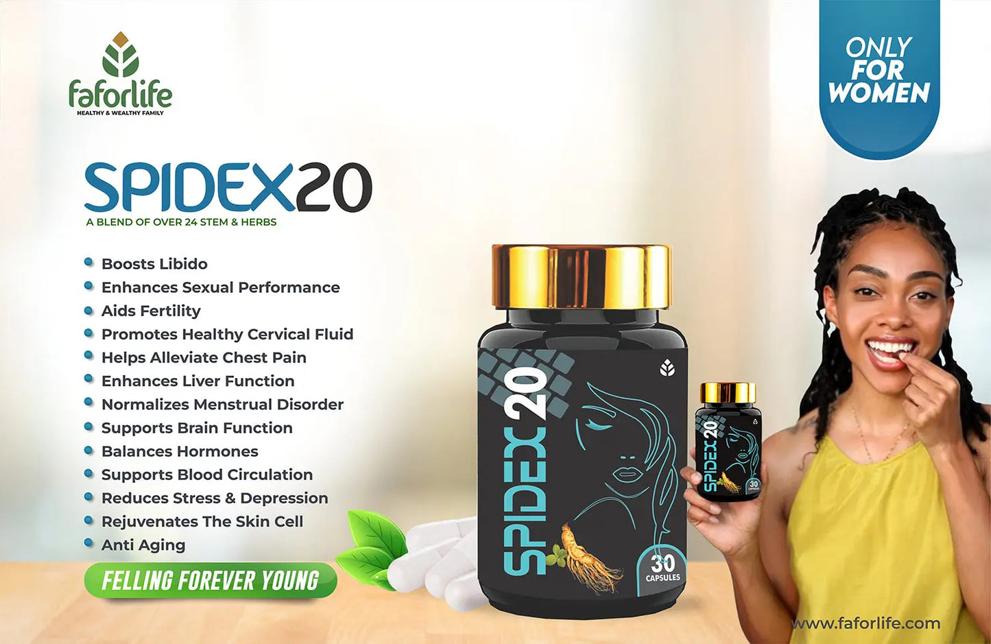 Woman taking Spidex 20 herbal supplement capsules for women's health benefits like libido and hormone balance