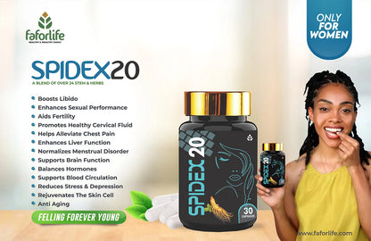 Woman taking Spidex 20 herbal supplement capsules for women's health benefits like libido and hormone balance