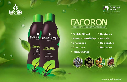 Faforon organic stem cell dietary supplement bottles on green background listing health benefits like immune boost and rejuvenation