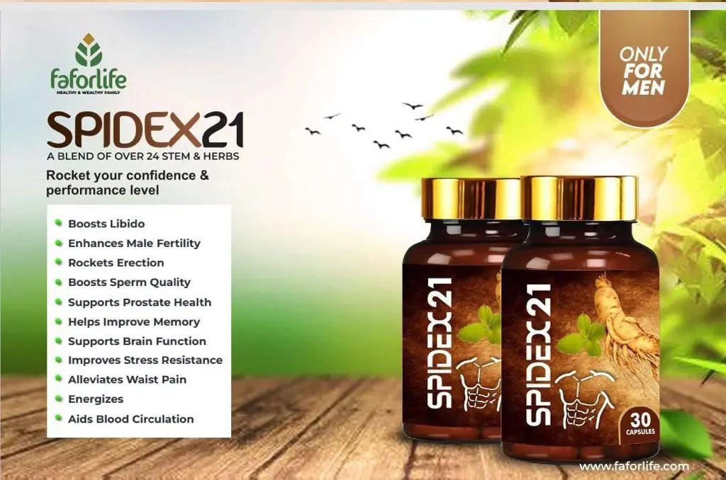 SPIDEX21 herbal supplement bottles for men on wooden surface with benefits list for libido, fertility, prostate health, and brain function