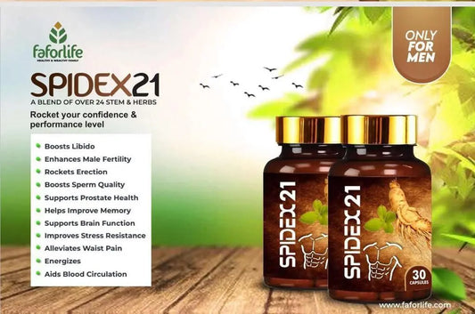 SPIDEX21 herbal supplement bottles for men on wooden surface with benefits list for libido, fertility, prostate health, and brain function