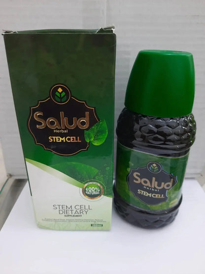 Salud Herbal Stem Cell dietary supplement bottle with green cap and green box labeled 100% natural