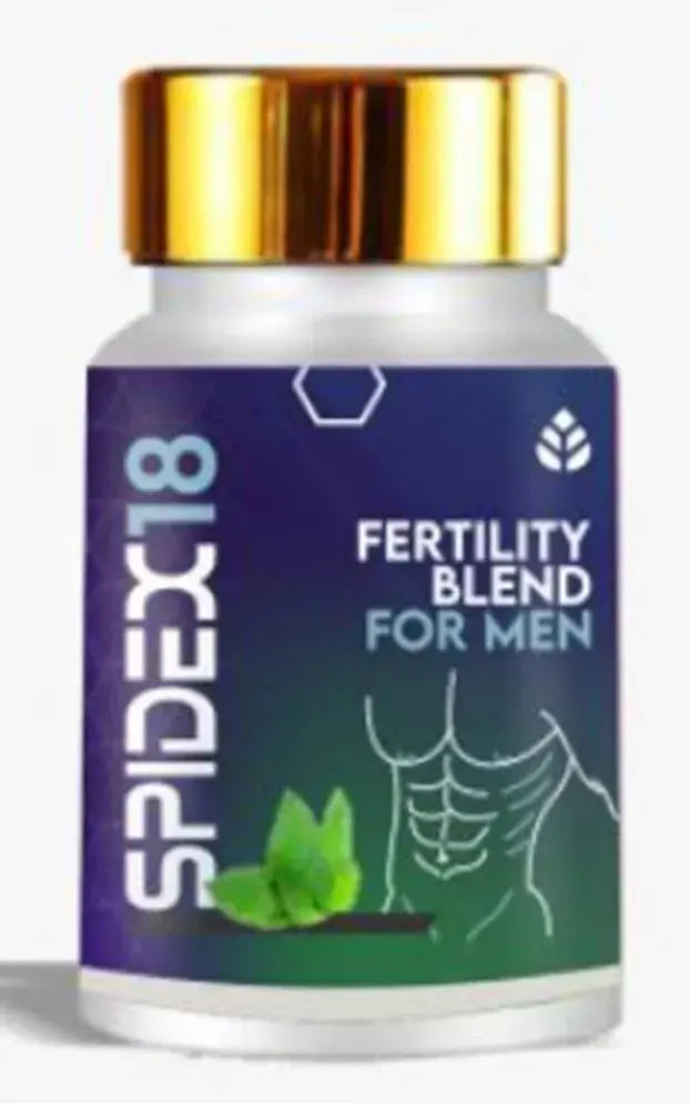 Spidex18 Fertility Blend for Men supplement bottle with gold cap and herbal design