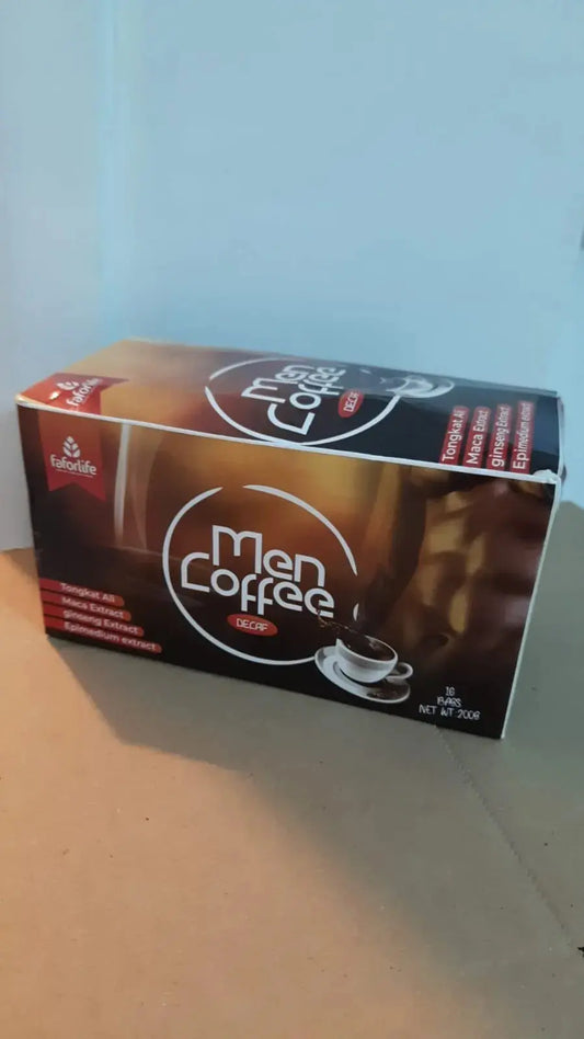 Box of Men Coffee decaf with Tongkat Ali, Maca Extract, Ginseng Extract, Epimedium Extract on beige surface