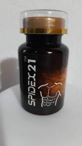 SPIDEX 21 black supplement bottle with golden cap, displaying muscular torso graphic, fitness wellness product