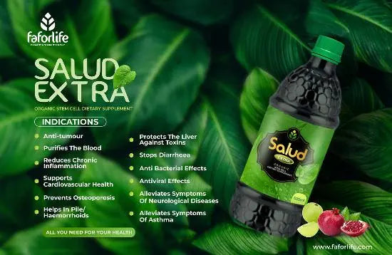 Salud Extra organic stem cell dietary supplement bottle on green leaves background listing health benefits like anti-tumor and cardiovascular support