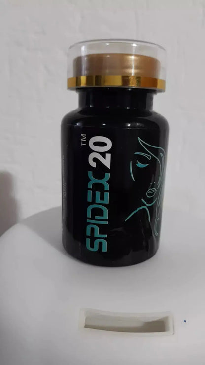Black bottle of SPIDEX 20 herbal supplement with gold and transparent cap, minimalist face line art